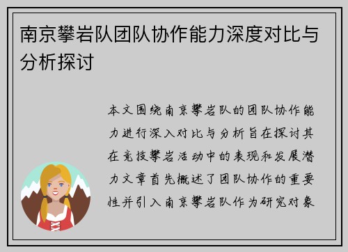 南京攀岩队团队协作能力深度对比与分析探讨